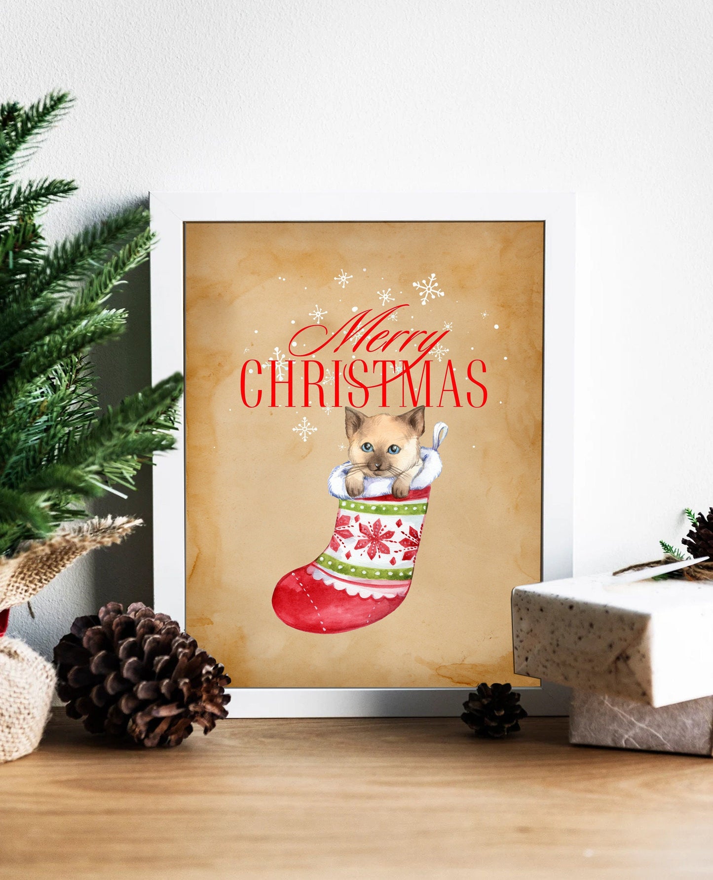 Christmas Vintage Cat in Stocking Illustration Art Print, Vintage Cat, Vintage Christmas Art, Christmas Stocking, Pet Christmas, Cat Art