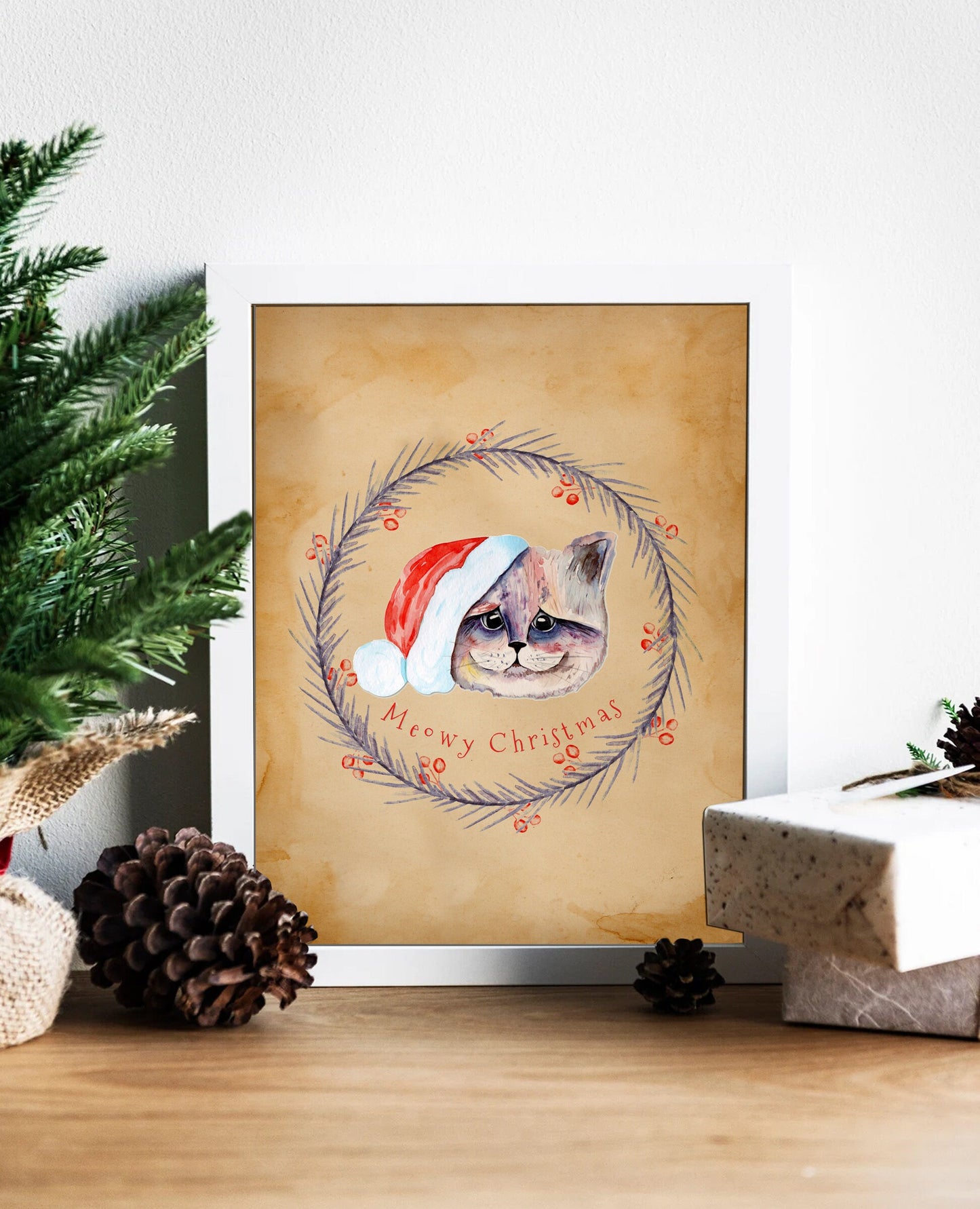 Christmas Vintage Cat in Santa Hat Illustration Art Print, Vintage Cat, Vintage Christmas Art, Christmas Stocking, Pet Christmas, Cat Art