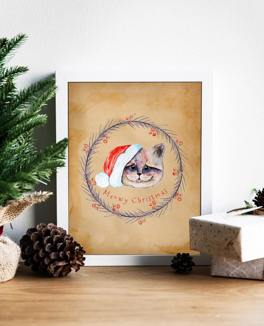 Christmas Vintage Cat in Santa Hat Illustration Art Print, Vintage Cat, Vintage Christmas Art, Christmas Stocking, Pet Christmas, Cat Art