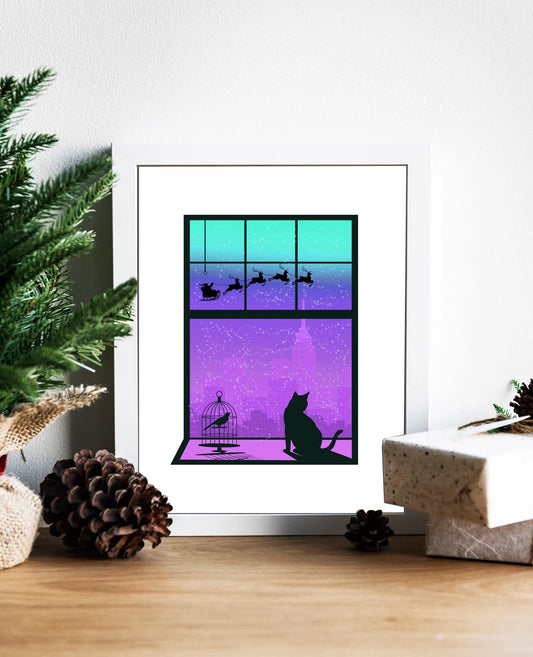 Vintage Cat Looking Out Window at Santa in Sleigh with Reindeer Illustration Art Print, Vintage Christmas, Christmas Neon Art, Neon Cat Art