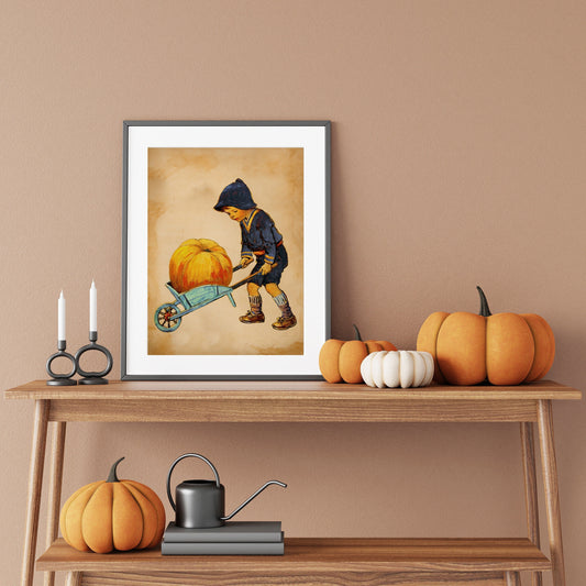 Vintage Thanksgiving Boy with Large Pumpkin Illustration Art Print, Vintage Thanksgiving, Vintage Fall Art, Thanksgiving Art, Vintage Decor