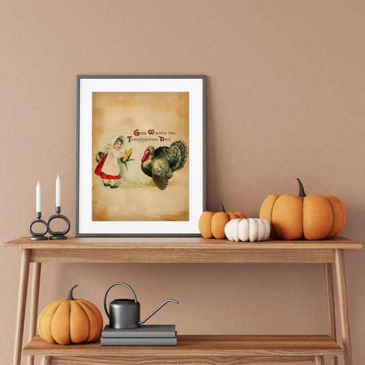 Vintage Thanksgiving Young Girl with Turkey Illustration Art Print, Vintage Thanksgiving, Vintage Fall Decor, Autumn Decor, Thanksgiving Art