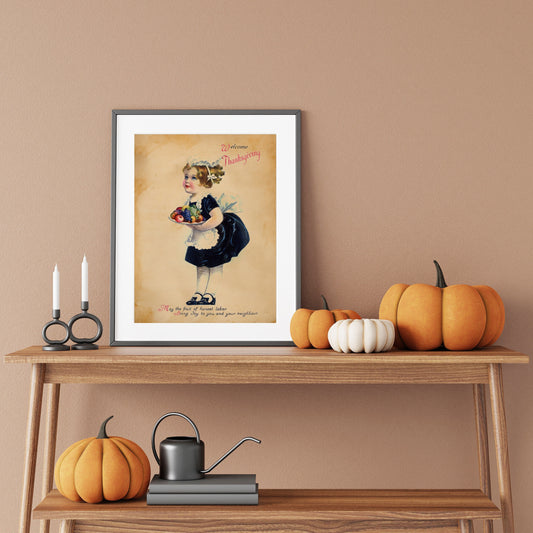 Vintage Thanksgiving Young Girl Maid with Plate of Fruit Illustration Art Print, Vintage Thanksgiving, Vintage Fall Decor, Thanksgiving Art