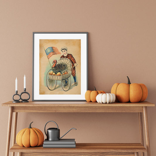 Vintage Thanksgiving Boy with Turkey and American Flag Illustration Art Print, Vintage Thanksgiving, Vintage Fall Decor, Thanksgiving Art