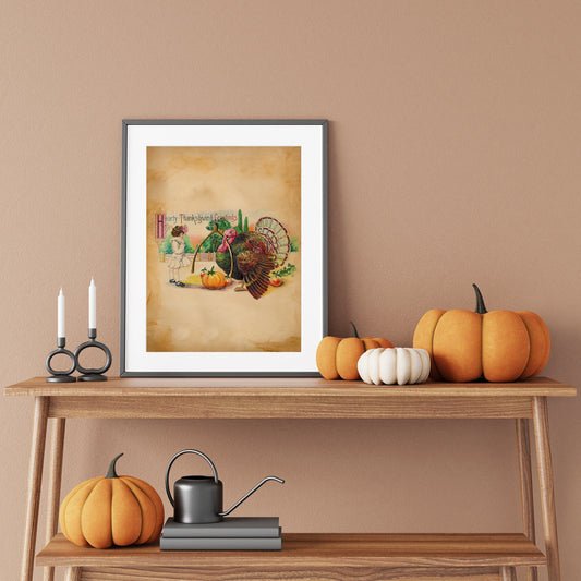 Vintage Thanksgiving Girl with Turkey and Pumpkin Illustration Art Print, Vintage Thanksgiving, Vintage Fall Decor, Thanksgiving Art