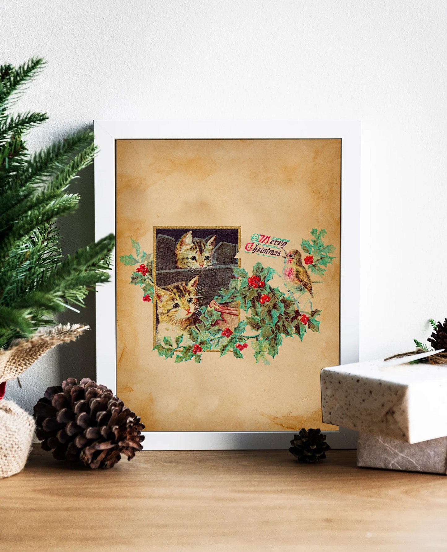 Vintage Christmas Kittens with Bird and Holly Illustration Art Print, Christmas Cat, Vintage Christmas, Christmas Wall Art, Christmas Kitten