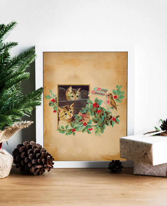 Vintage Christmas Kittens with Bird and Holly Illustration Art Print, Christmas Cat, Vintage Christmas, Christmas Wall Art, Christmas Kitten