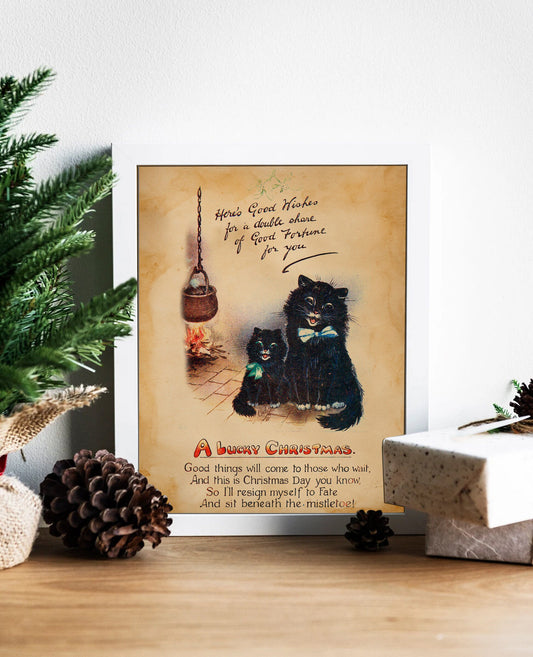 Christmas Vintage Black Cats Illustration Art Print, Christmas Cat, Vintage Christmas, Christmas Home Decor, Lucky Christmas, Christmas