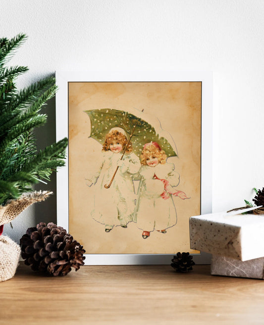 Christmas Vintage Girls in Holiday Dresses Illustration Art Print, Vintage Christmas, Vintage Christmas Illustration, Christmas Art