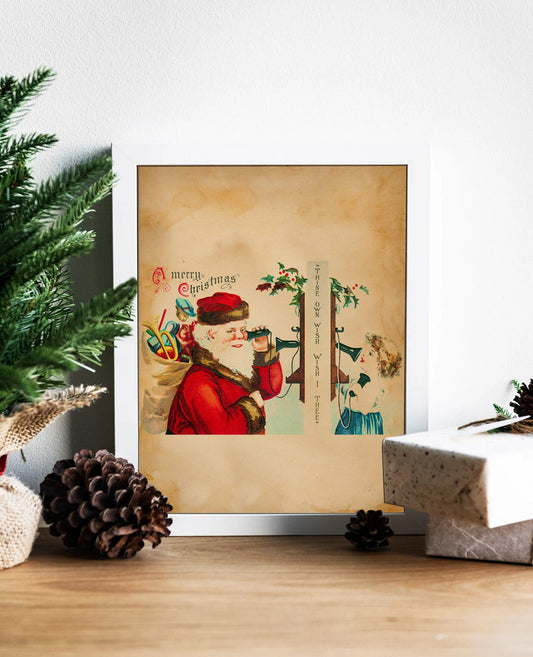 Vintage Christmas Santa and Girl on Phone Illustration Art Print, Vintage Christmas, Vintage Illustrations, Merry Christmas, Christmas Decor
