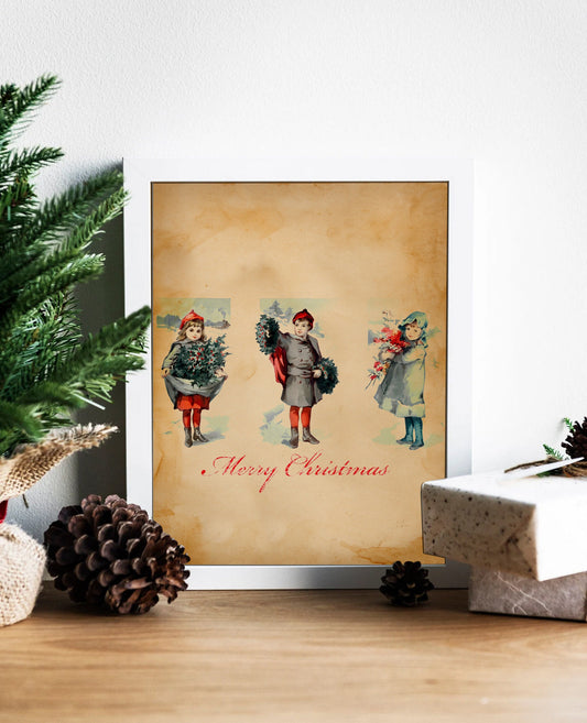 Christmas Children Illustration Art Print, Vintage Christmas, Vintage Illustration, Merry Christmas, Christmas Decor, Boy and Girl
