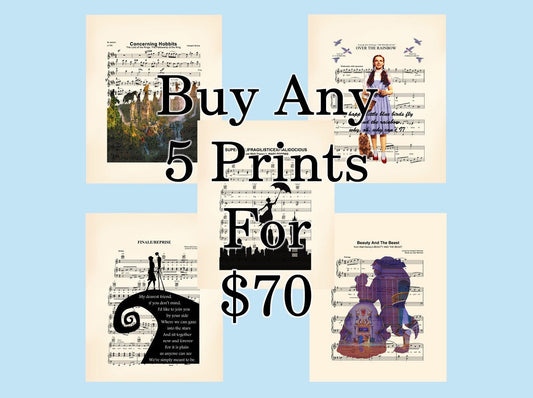 Buy Any 5 Prints For 70 Dollars, Disney Art, LotR Art, Sheet Music Art Prints