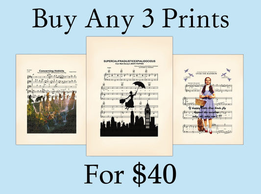 Buy Any 3 Prints For 40 Dollars, Bundle & Save, Sheet Music Art Sheet Music Wall Art — Disney Gift for Music Lovers