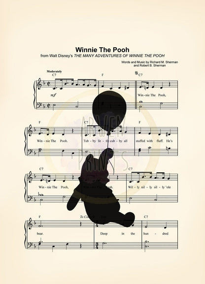 Winnie the Pooh with Balloon Silhouette Sheet Music Art Print