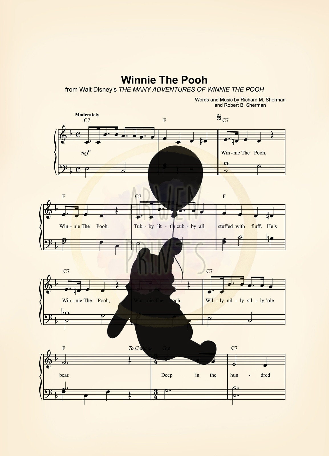 Winnie the Pooh with Balloon Sheet Music Wall Art — Disney Gift for Music Lovers