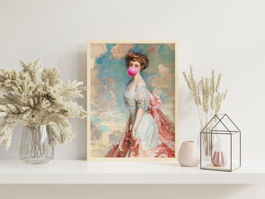 Maximalism Victorian Art Print, Oil Painting Print, Woman Blowing Bubble, Maximalist, Woman Art, Old Painting Art Print, Bubblegum Art