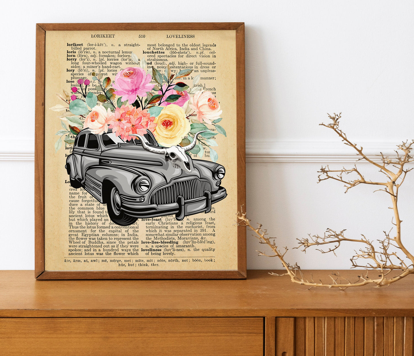 Classic Car Art, Car and Flowers Dictionary Art, Dictionary Wall Decor, Classic Car Decor, Retro Car Art, Flowers Dictionary Art Print