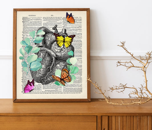Heart and Butterflies Art, Anatomy Art, Dictionary Wall Decor, Organs in the Body, Nature Art, Human Body Art, Butterflies Dictionary Art