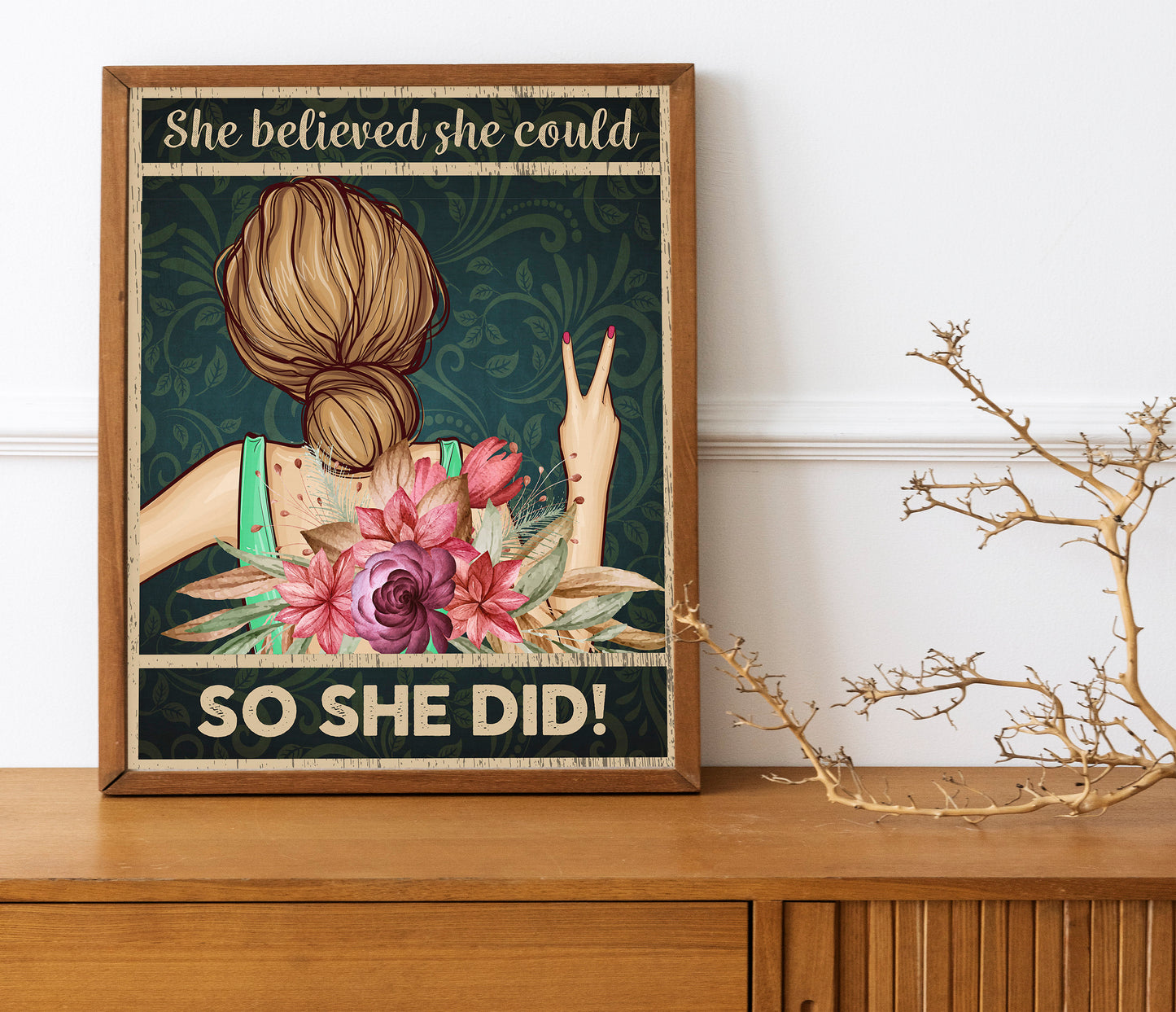 She Believed She Could So She Did Art Print, Woman Empowerment, Feminism, Woman Encouragement, Beautiful Woman Art, Girl with Flowers