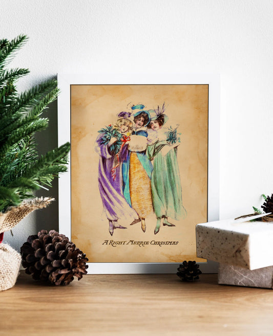 Christmas Vintage Ladies in Holiday Dresses Illustration Art Print, Vintage Christmas, Vintage Christmas Illustration, Christmas Art