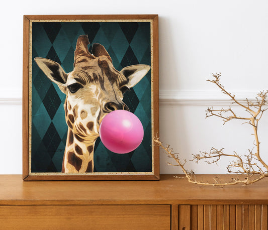 Giraffe Blowing Bubblegum Print, Funny Wall Art, Giraffe Decor, Wall Art, Giraffe Wall Art, Giraffe