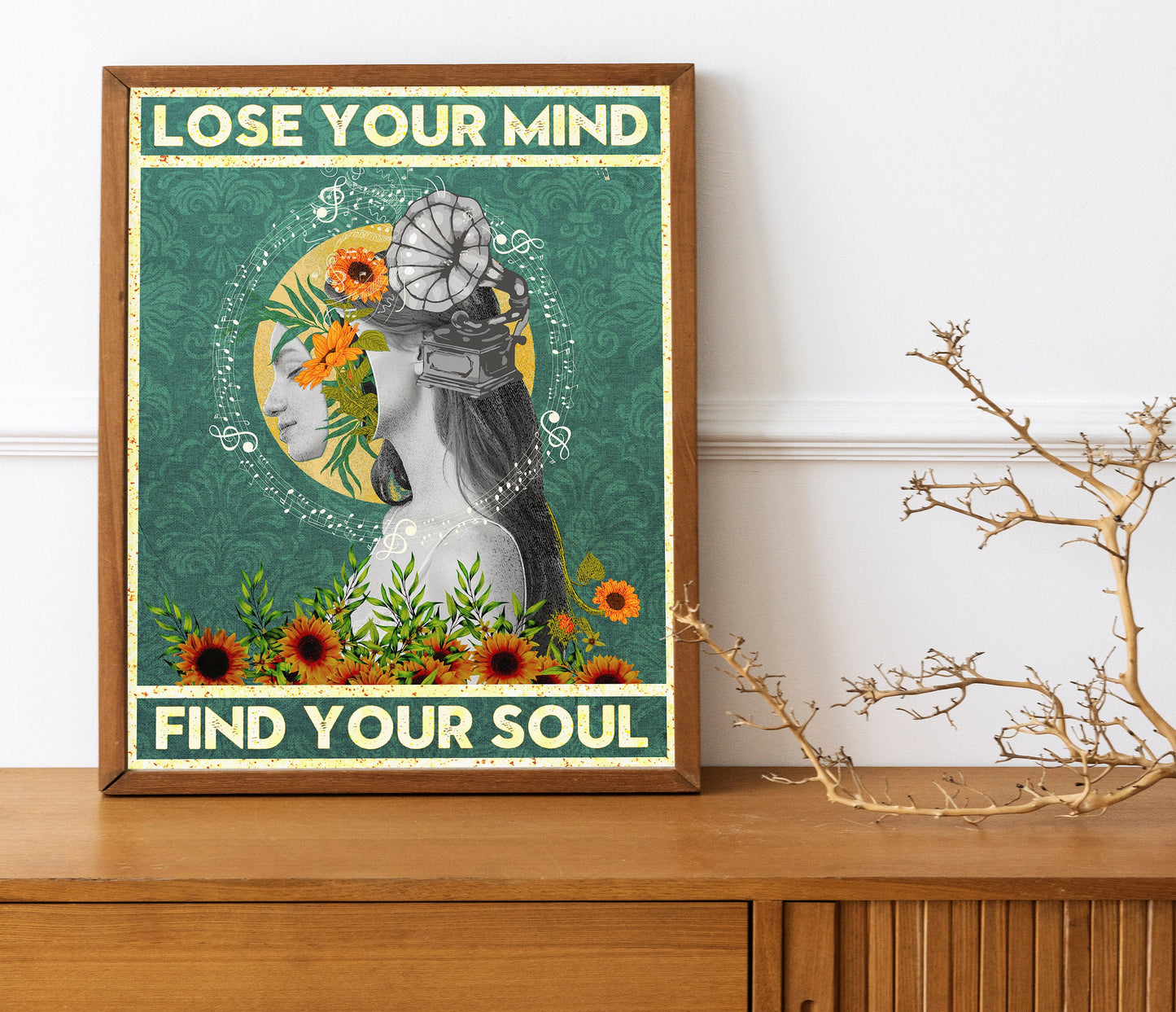 Lose Your Mind, Find Your Soul Retro Vintage Motivational Art, Wall Art, Women Empowerment, Inspirational, Positive, Sunflowers, Music Retro