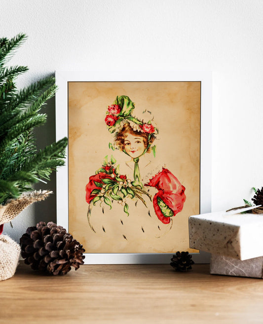 Vintage Strawberry Woman Illustration Art Print, Vintage, Vintage Decor, Cute Art