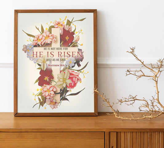 Matthew 28:6, He Is Not Here For He Is Risen Just As He Said, Easter Christian Boho Art Print