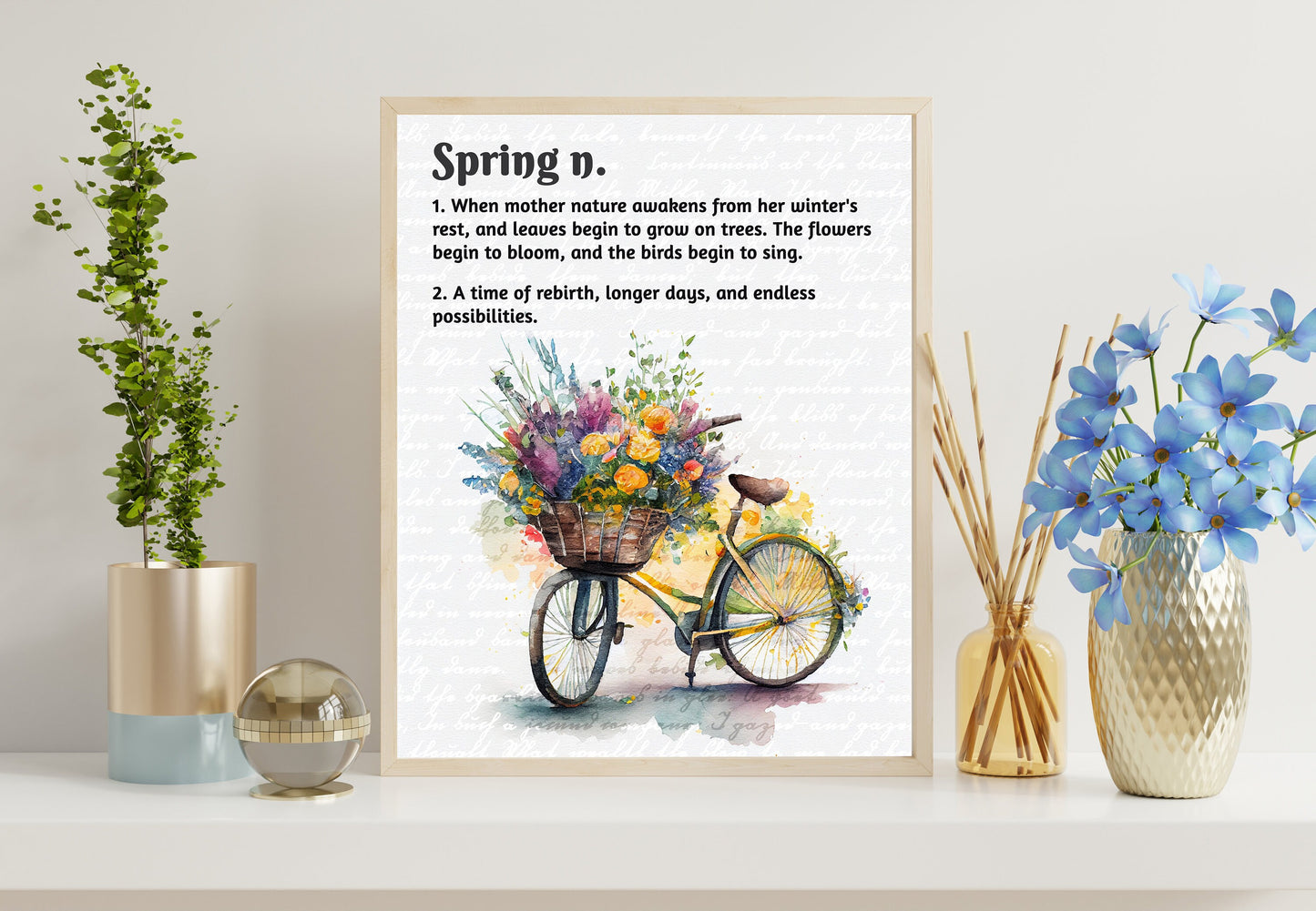 Spring Flowers In Basket On Bicycle Art Print, Spring Art, Spring Decor