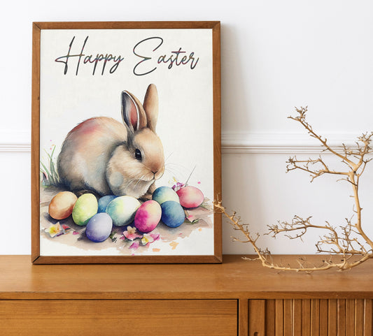 Happy Easter Bunny Colorful Eggs Boho Art Print, Bunny Art, Easter Art, Wall Decor, Bunny Wall Decor, Easter Wall Decor