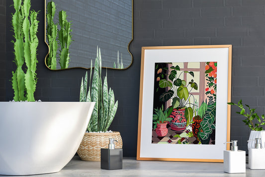 Oil Painting Art Print Of Plants In Vase And Flowers In Window, Plant Art Print, Flower Art Print, Plant Wall Decor, Flower Wall Decor