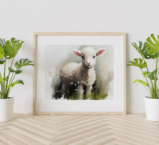 Happy Easter Lamb In Grass Boho Art Print, Lamb Art, Easter Art, Wall Decor, Lamb Wall Decor, Easter Wall Decor