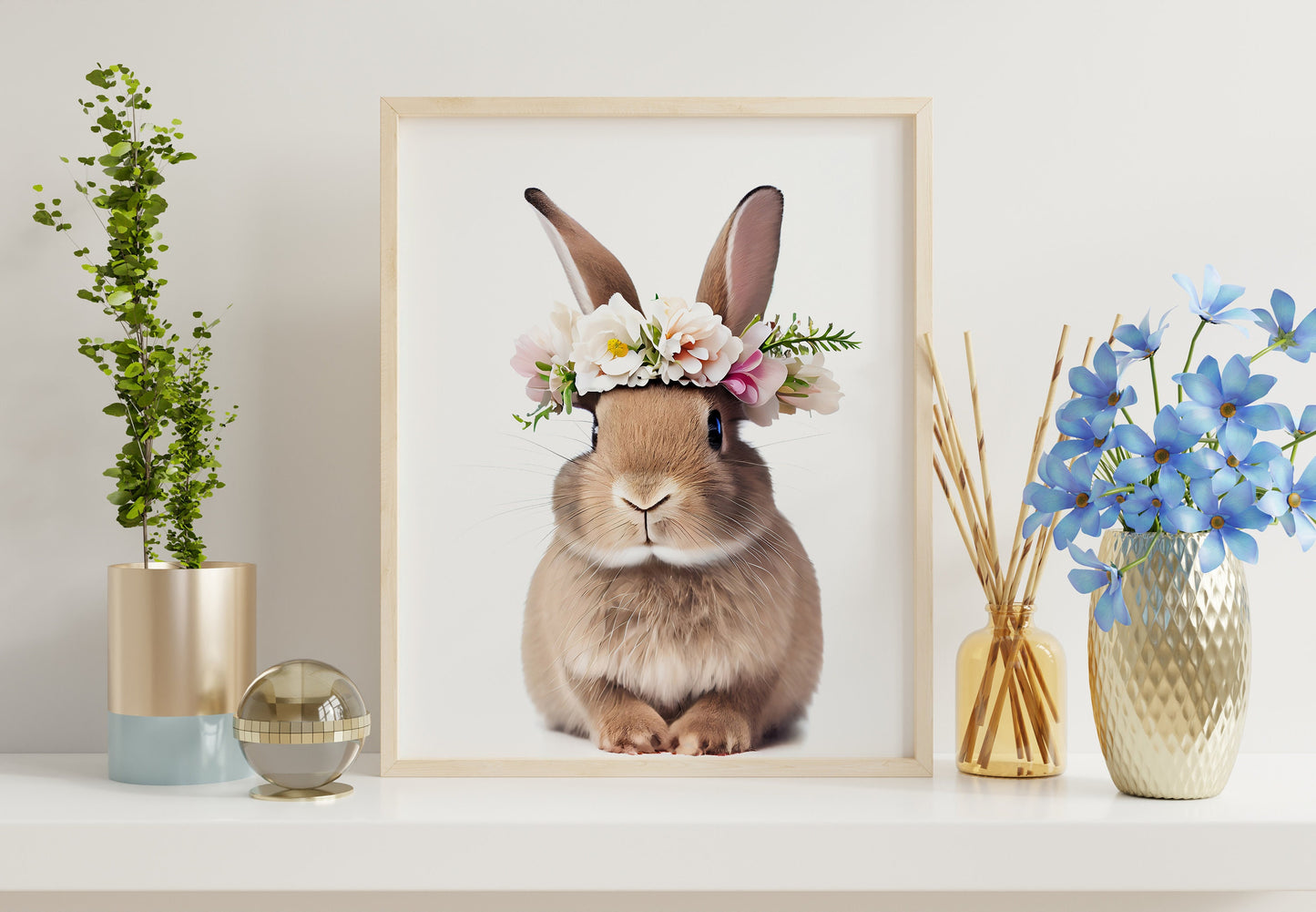 Happy Easter Bunny With Flower Headpiece Boho Art Print, Bunny Art, Easter Art, Wall Decor, Bunny Wall Decor, Easter Wall Decor