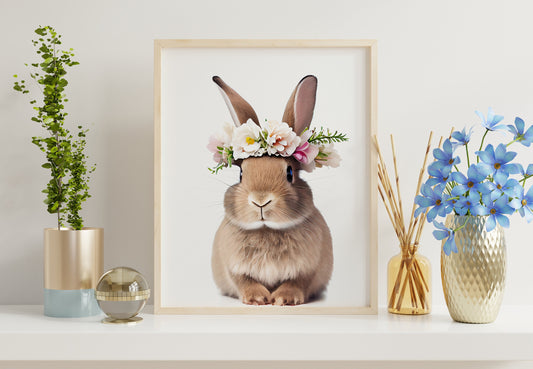 Happy Easter Bunny With Flower Headpiece Boho Art Print, Bunny Art, Easter Art, Wall Decor, Bunny Wall Decor, Easter Wall Decor