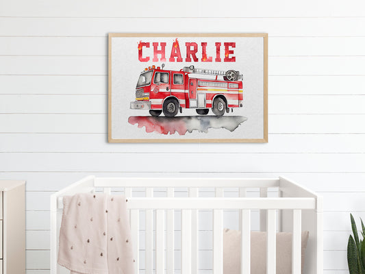 Personalized Watercolor Fireman Rescue Firetruck, Personalize Nursery Print, Fire Engine Print, Fire Truck, Kids Room Wall Decor