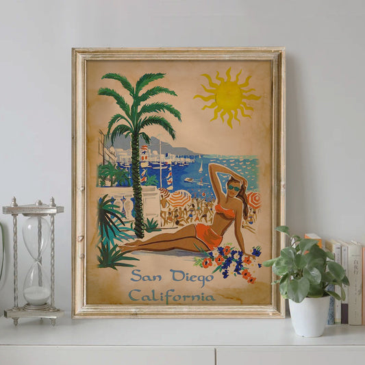 San Diego California Art Print, Sunset Beach Art Print, Palm Tree Art, Woman On Beach, Sunset Art, Beach Art, Vacation Art, Travel Art
