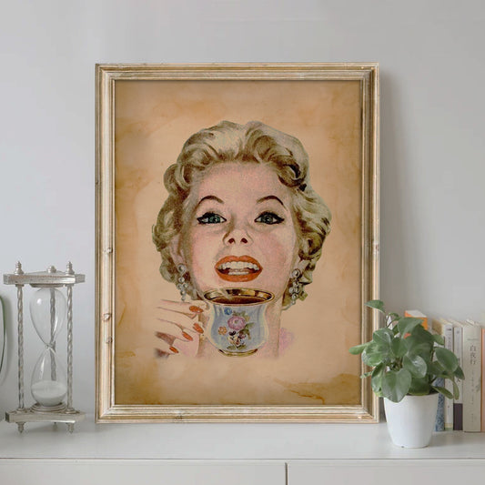 Vintage Woman Drinking Coffee Art Print, Vintage Art, Coffee Art Wall Decor, Kitchen Decor, Coffee Station Art