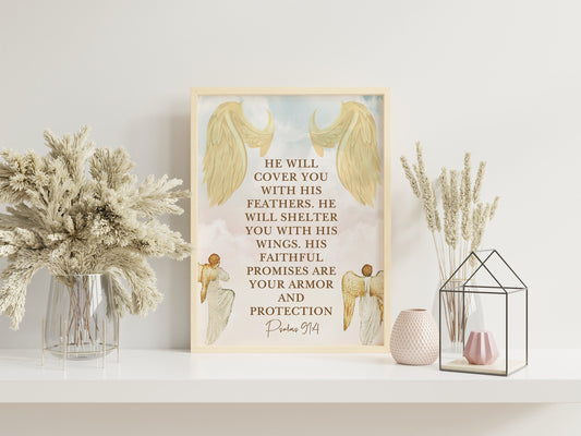 Psalms 91:4 Bible Verse Wall Art, Angel Wings Art, Faith, Christian, Spiritual Protection