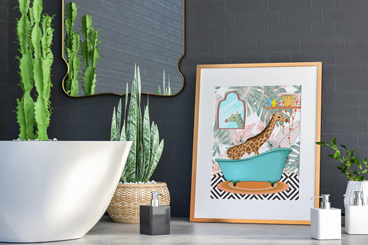 Giraffe Taking a Bath Illustration Art Print, Giraffe Bathroom Art, Giraffe Boho Art, Boho Bathroom Decor, Bathroom Wall Art, Boho Art