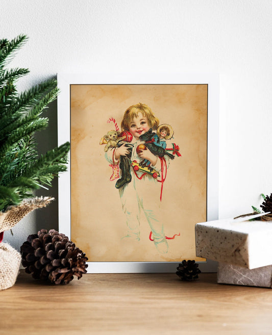 Christmas Vintage Girl Holding Toys Illustration Art Print, Vintage Christmas, Vintage Christmas Illustration