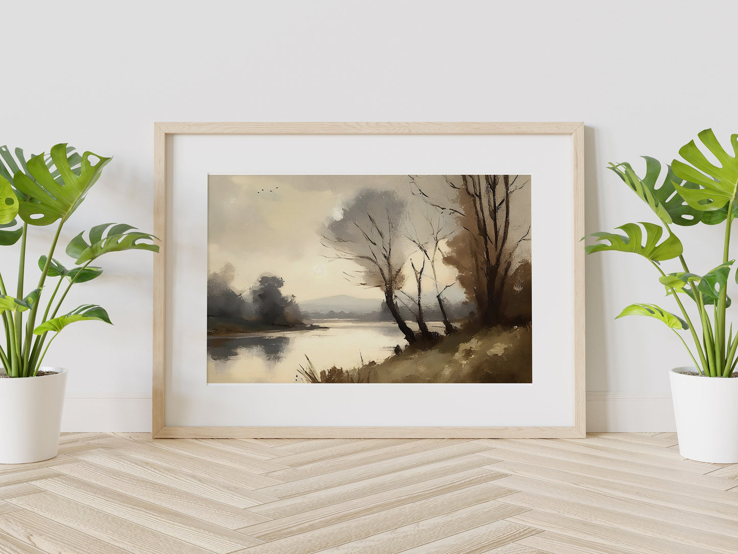 Oil Painting Art Print Of A Lake With Trees And Mountains, Scenic Art Print