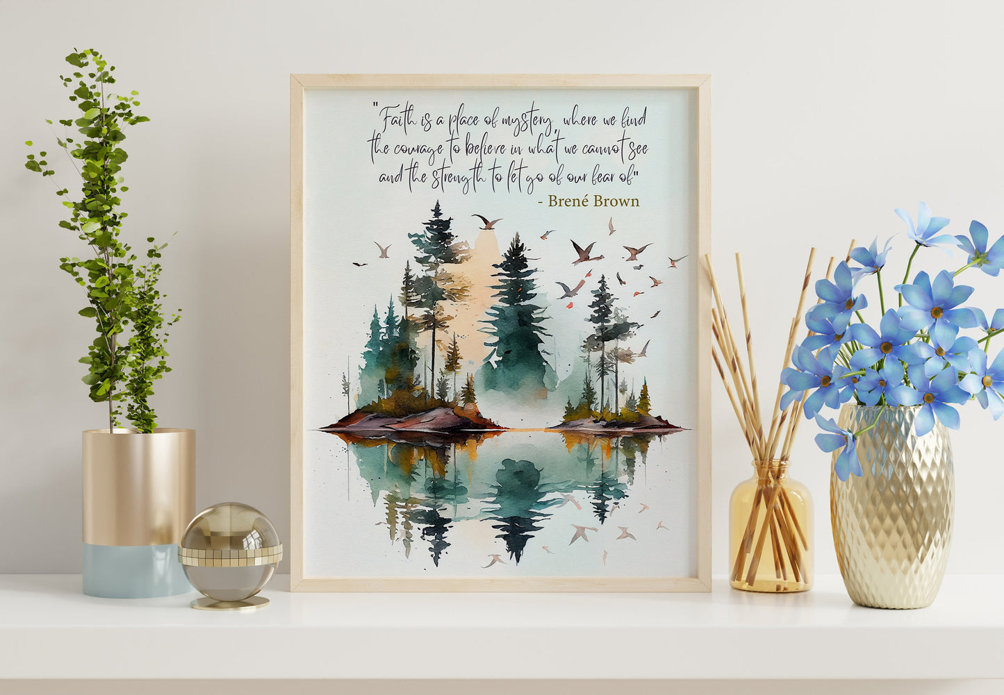 Oil Painting Art Print Of Inspirational Quote, Lake With Trees And Mountains, Scenic Art Print, Mental Motivation