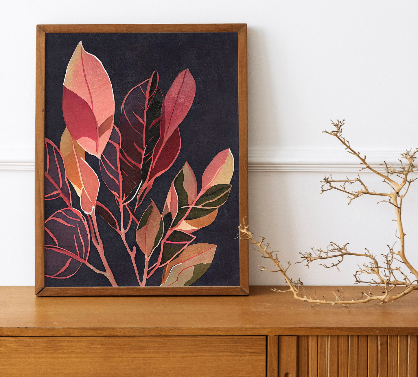 Colorful Leaves Art Print On Black Background, Tree Branch Art, Colorful Tree Art