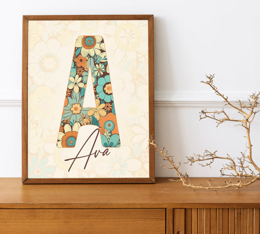 Personalized Floral Name Print, Custom Printable Name Sign, Customize Initial Name Print, Nursery, Kids Wall Art, Name Monogram