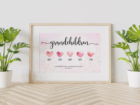 Proverbs 17:6, Custom Grandchildren Art Print, Grandparent Gift, Family Gift, Family Art, Cute Heart Decor