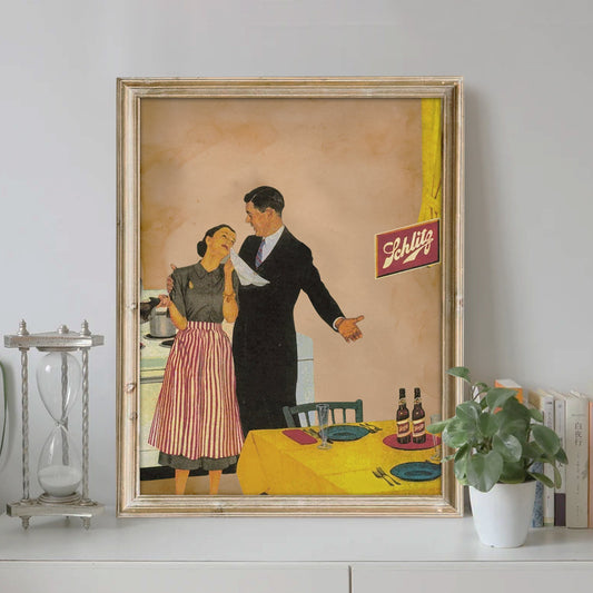 Vintage Art Print Of Couple On Dinner Date, Colorful Vintage Art, Kitchen Art