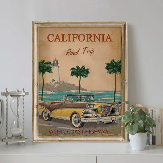 Classic Car Art, California Road Trip, Travel Art, Pacific Coast, Car Art Print, Wall Decor, Classic Car Decor, Retro Car Art, Art Print