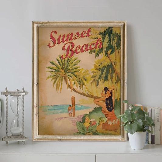 Sunset Beach Art Print, Palm Tree Art, Surf Board Art, Sunset Art, Beach Art, Vacation Art, Travel Art