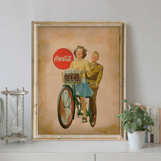 Coca Cola Woman And Man Riding On Bike Vintage Art Print, Coca Cola Wall Decor, Coca Cola Advertising
