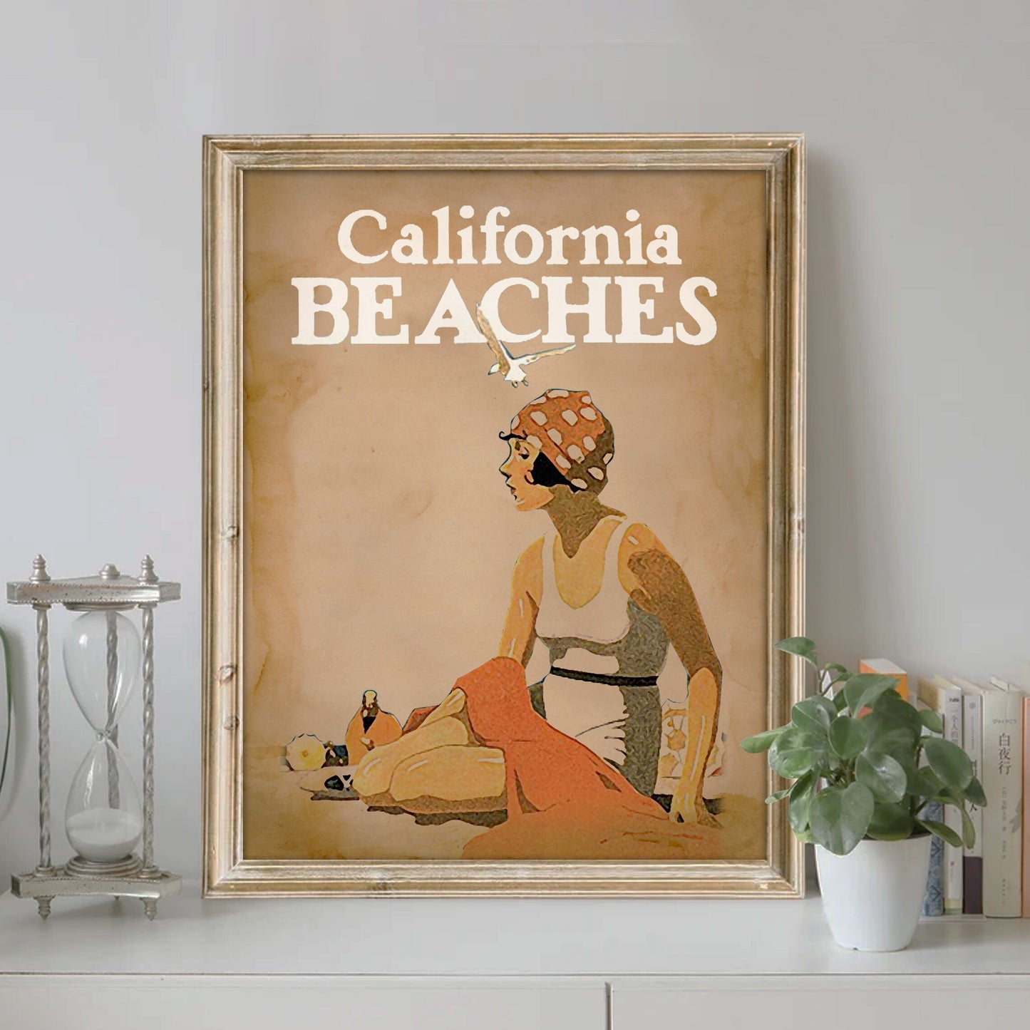 California Beaches Art Print, Sunset Beach Art Print, Vintage Beach Art, Woman On Beach, Sunset Art, Beach Art, Vacation Art, Travel Art
